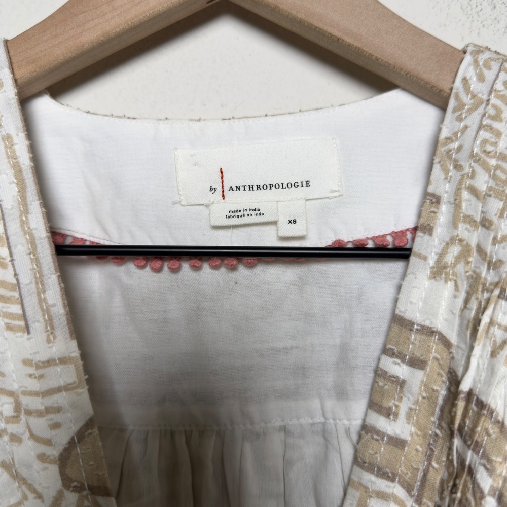 Anthropologie Women 100% Cotton Top XS Tan White Geometric Surplice Boho Western - Picture 6 of 11